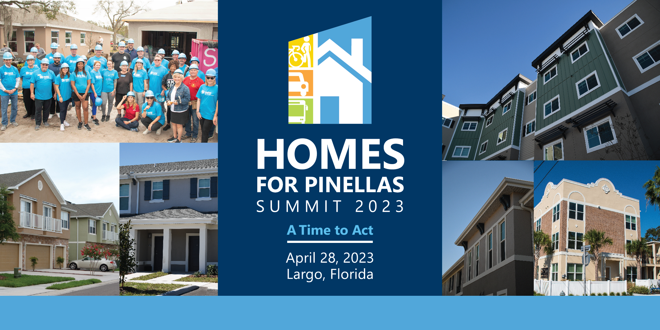 Logo for Homes for Pinellas Summit 2023. Subtitle: A Time To Act. April 28, 2023. Largo, Florida.