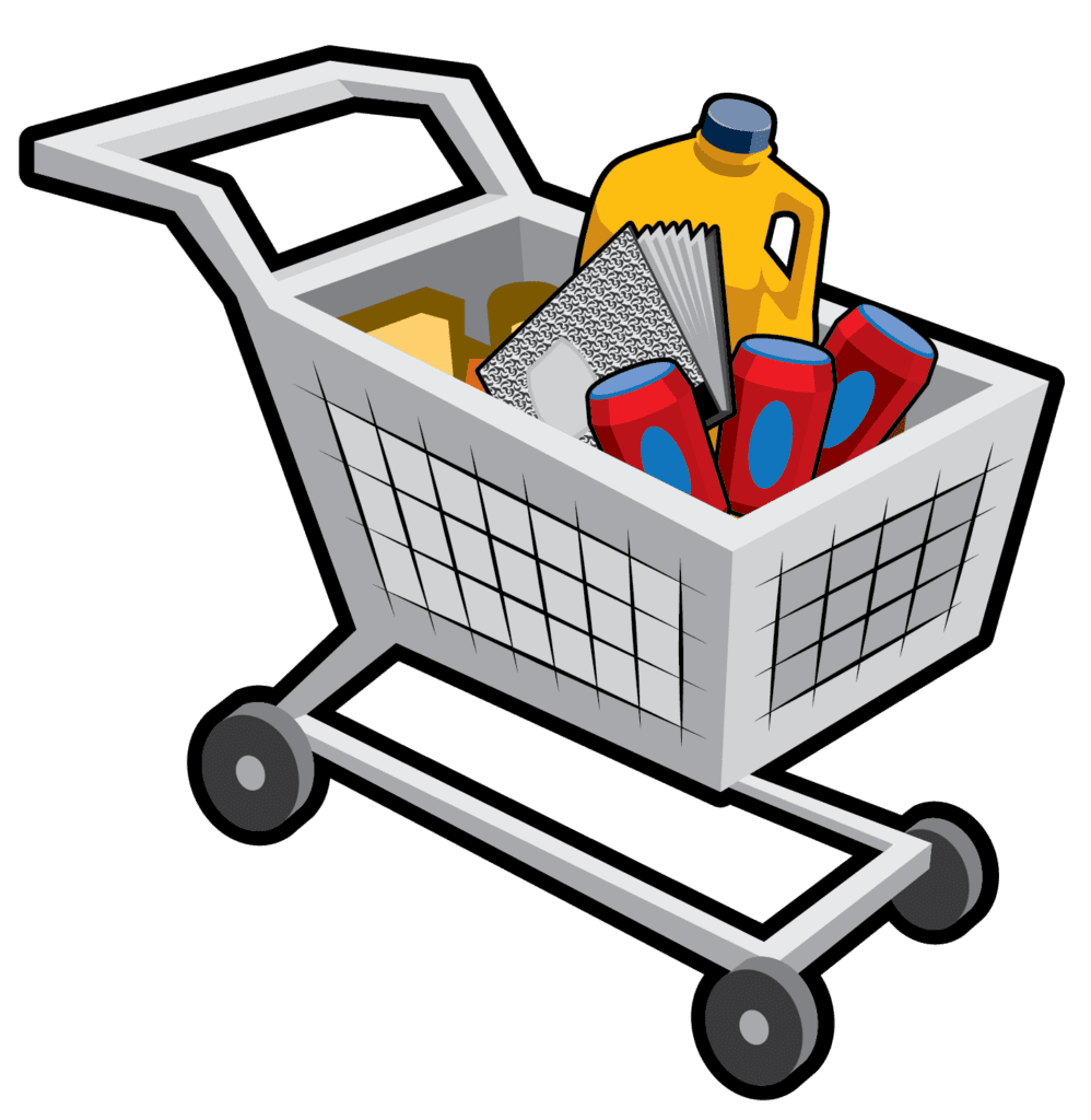 Graphic of shopping cart with items made with recyclable materials 