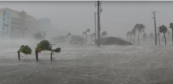 Photo shows storm surge on Ft. Myers Beach in September 2022, covering the land and pushing a home off of its foundation during Hurricane Ian.