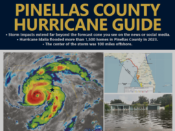 Graphic of the 2024 Hurricane Guide in English. The photo on the cover of the guide shows radar and a forecast cone with a hurricane that is off of the coast of Pinellas County. A third image shows a house with floodwaters up to the windows.