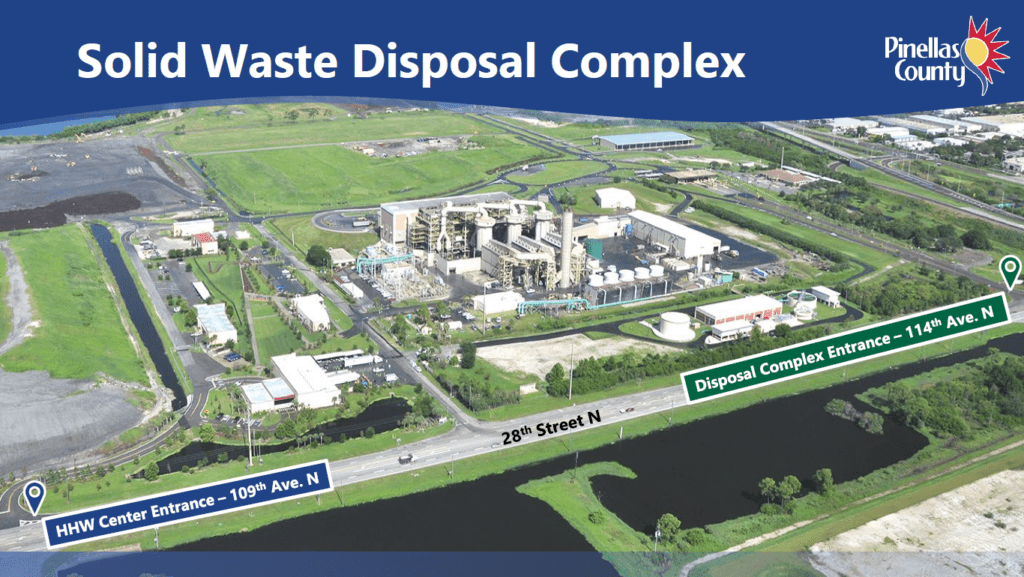 Aerial image of the Solid Waste Disposal Complex depicting the entrance to the HHW Center and the entrance to the Scalehouse/Disposal Complex 