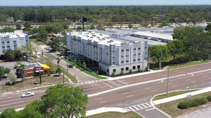 Aerial view of the Skyway Lofts affordable apartments in St. Petersburg.