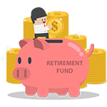 Businessman putting a coin in a piggy bank labeled Retirement Fund