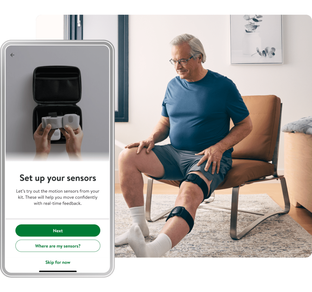 Hinge Health man stretching and cell phone message to set up your sensors