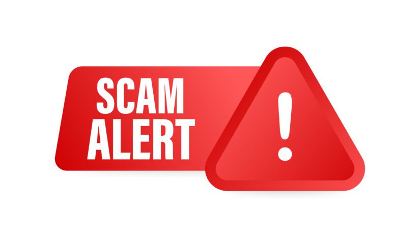Banner with red scam alert text and warning symbol with exclamation point
