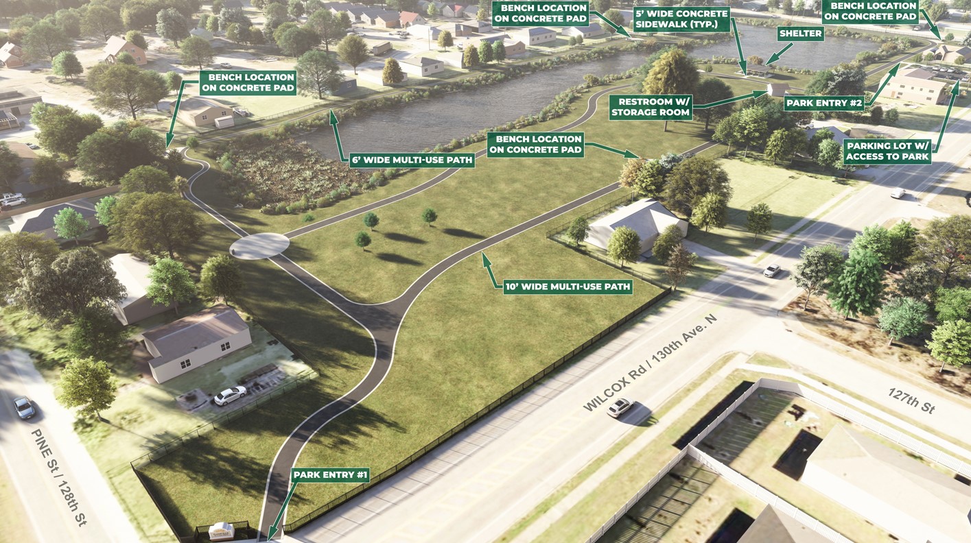 A rendering of the plans for the Dansville Community Park, showing a multi-use path around the pond, restrooms, a picnic shelter, benches and open fields.