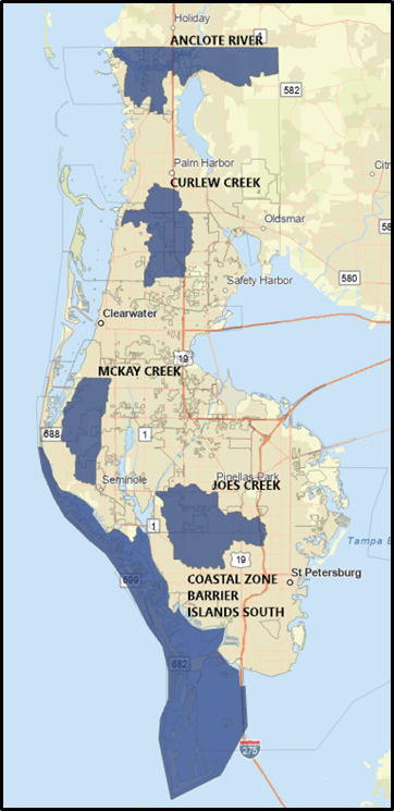 A map of Pinellas County with areas of the study focus highlighted in dark blue.