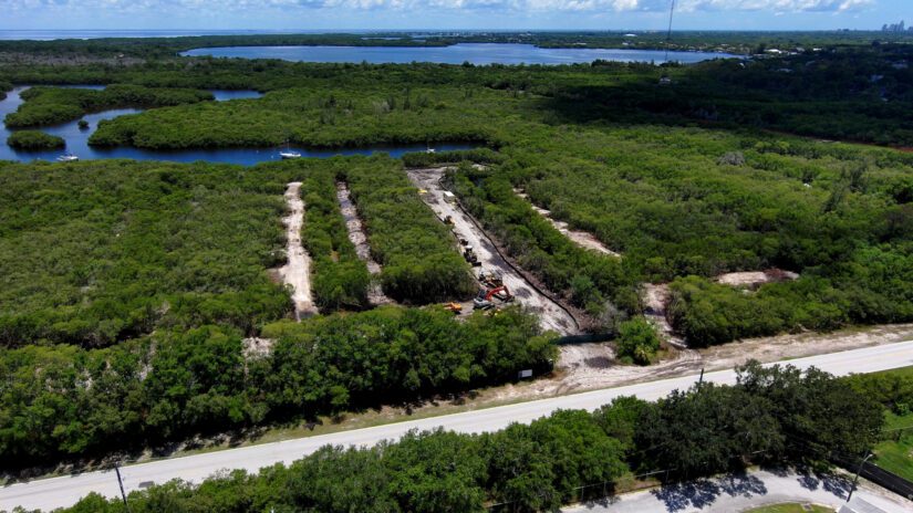 An aerial view of the salt marsh showing where dirt is being relocated to create a more natural habitat.