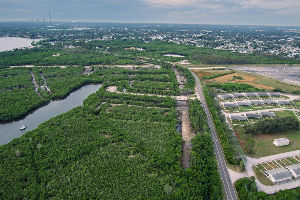 aerial view of the restoration results of the Weedon Island salt marsh