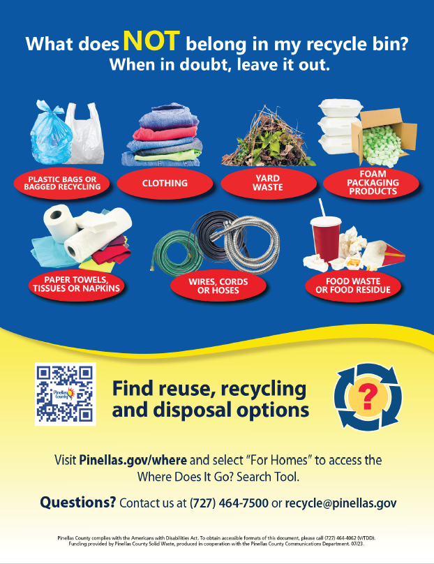 Image of downloadable flyer that depicts what does not belong in your recycling bin