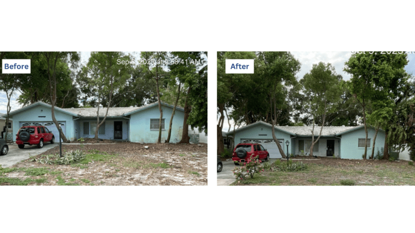 Before and after images of a Pinellas County home that was assisted by Solid Waste and Code Enforcement's new partnership program.