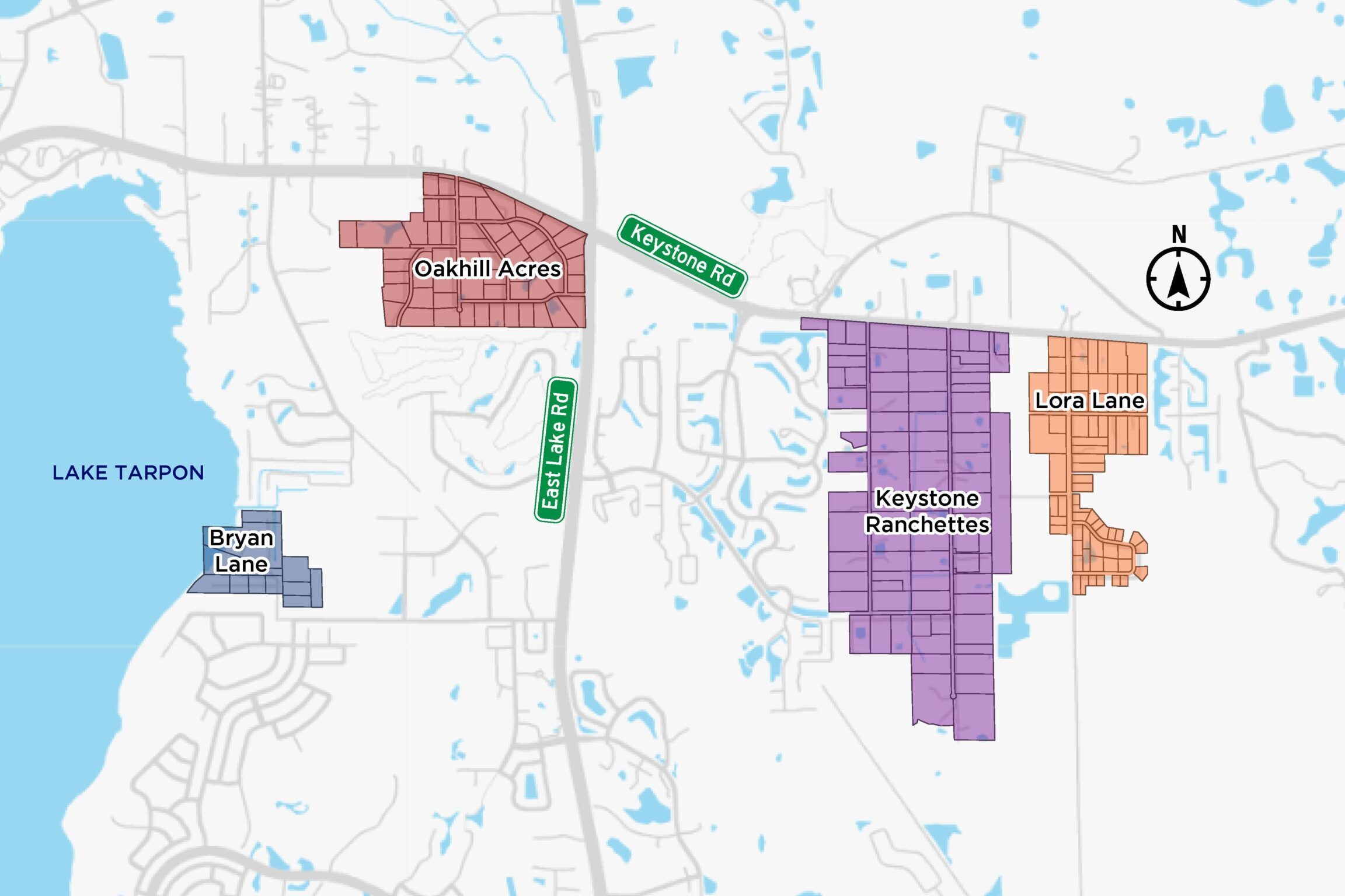 Project Map depicting the following project locations in the vicinity of East Lake road and Keystone Road: Bryan Lane, Oakhill Acres, Keystone Ranchettes and Lora Lane.