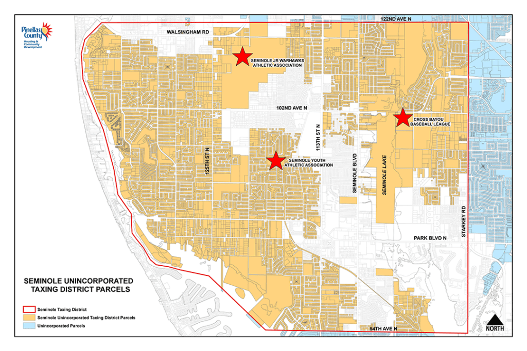 Map of the area of unincorporated Seminole that would be in the proposed new MSTU. The north boundary is 122nd Ave N. The East boundary is Starkey Rd. The south boundary is 54th Ave N. The west boundary is the intracoastal waterline.