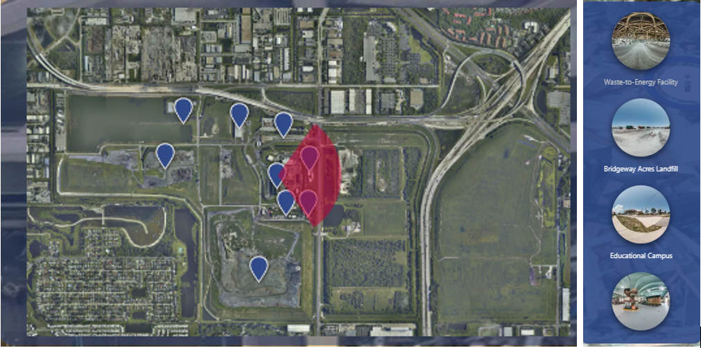 Screenshot showing a map of the Solid Waste Disposal Complex with key sites marked with blue icons.