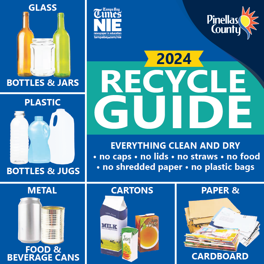 2024 Recycle Guide cover with bottles, cans, cartons, paper and cardboard icons and logos for Pinellas County and Tampa Bay Times Newspapers in Education.