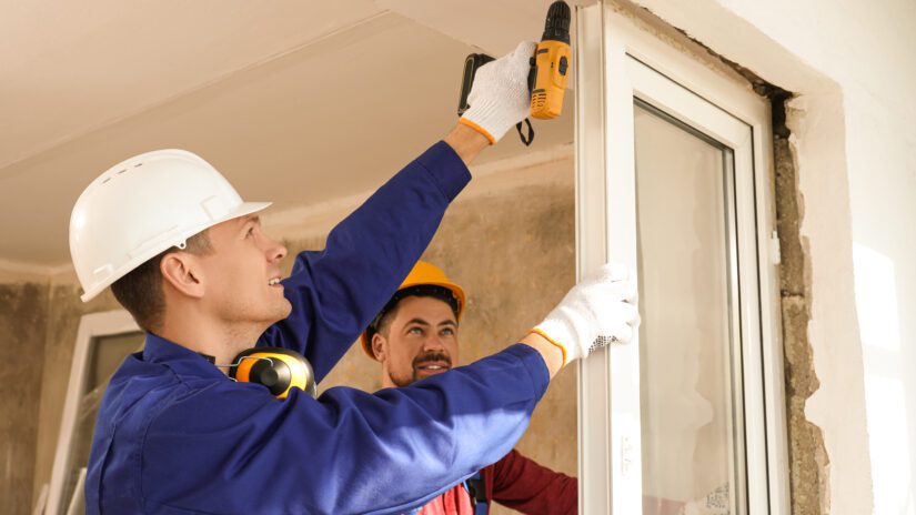 Workers using electric screwdriver for window installation indoors