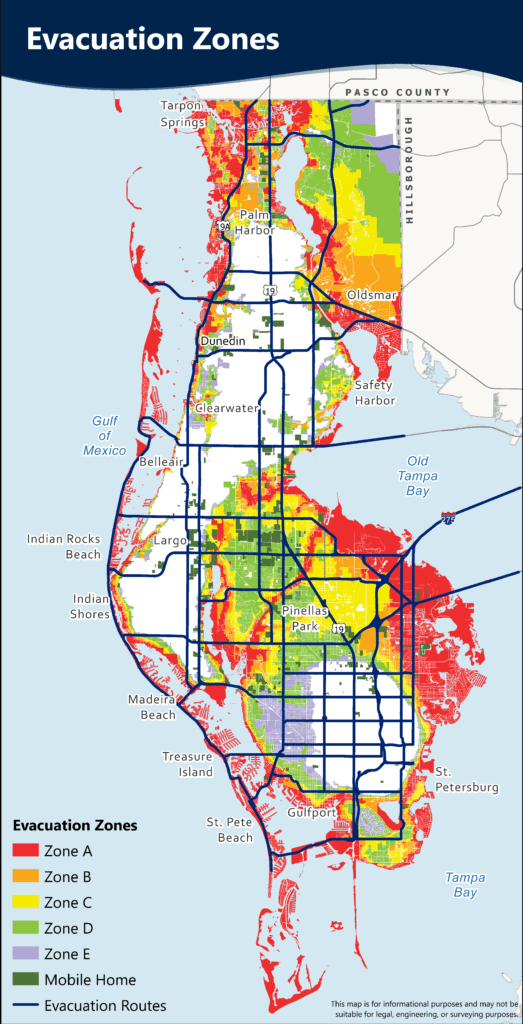 Pinellas County map showing the different evacuation zones.