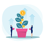 Business people with large plant containing dollar signs