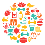 Healthy lifestyle icons such as strawberry, weights, scale and sneaker