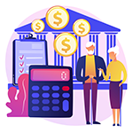 Couple with calculator, dollar signs, money and bank building