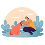 Cartoon woman patting a dog at the park