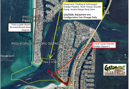 Grand Canal and Pass-a-Grille Beach dredge and nourishment equipment map