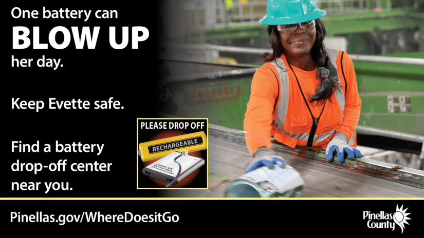 Image of a battery ad and a local recycling facility employee. This ad encourages residents to learn how to properly dispose of their rechargeable batteries.