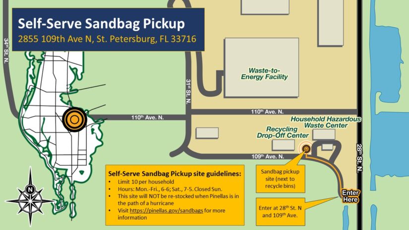 Map of Solid Waste Disposal Complex showing location of the sandbag pickup site, which is next to the recycling drop-off center on 109th Ave. N. Enter at 28th St. N and 109th Ave. The address is 2855 109th Ave N, St. Petersburg, FL 33716. Self-serve sandbag pickup site guidelines: Limit 10 per household; Hours: Mon.-Fri., Sat., 7-5. Closed Sunday. This site will NOT be re-stocked when Pinellas is in the path of a hurricane. Visit https://pinellas.gov/sandbags for more information.
