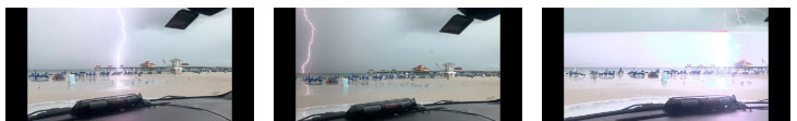 Three photos of lightning coming down onto the beach.