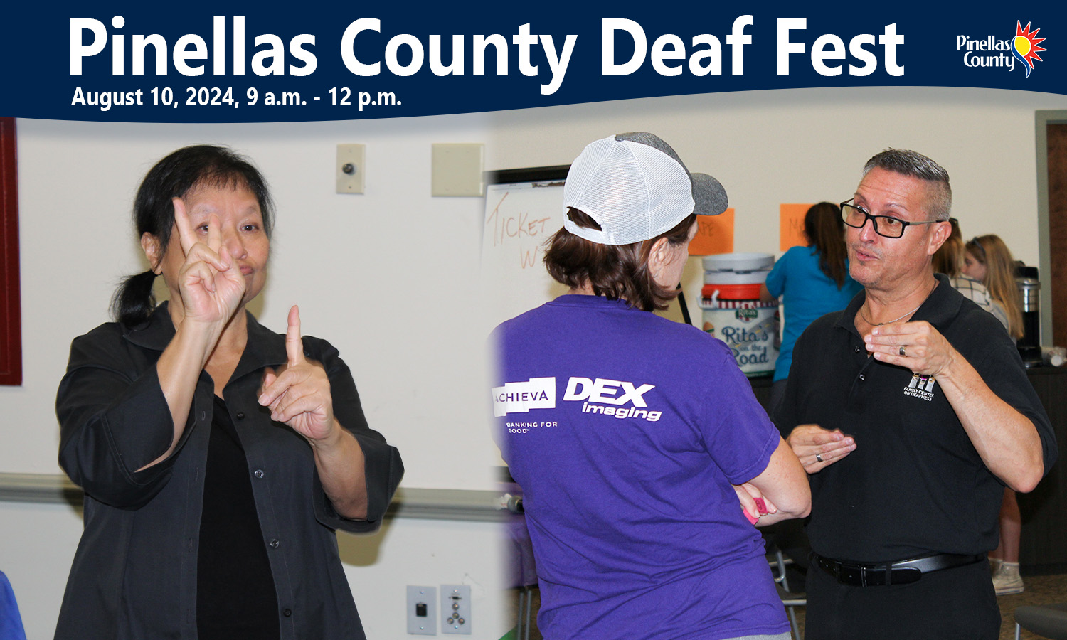 People signing in American Sign Language (ASL). Text reads, "Pinellas County Deaf Fest. August 10, 2024, 9 a.m. - 12 p.m."