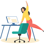 Woman stretching her arm up while holding the edge of her desk and lifting one leg