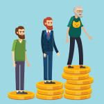 Social security illustration of 3 men of varying ages standing on piles of coins, largest pile for the oldest one