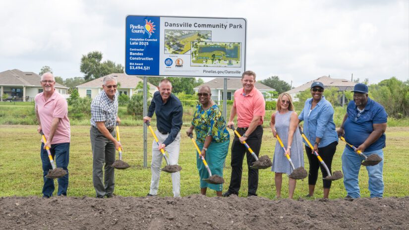 People holding shovels as part of a groundbreaking ceremony at Dansville Community Park in unincorporated Ridgecrest area, Sept. 13, 2024.