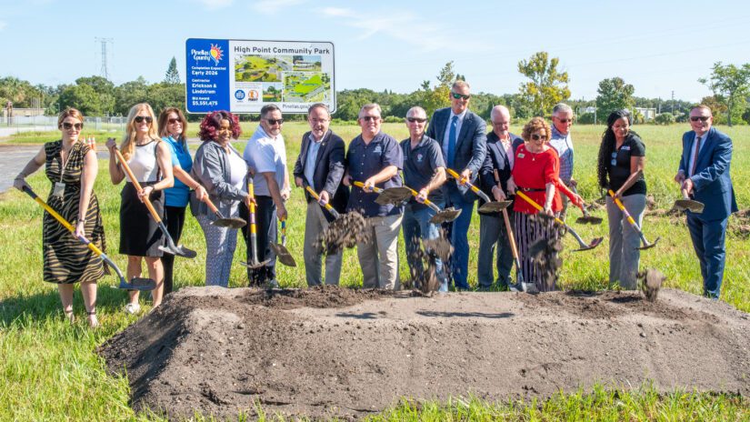 Elected officials and staff members from Pinellas County Government, Pinellas County Schools and the City of Largo use gold painted shovels to place dirt on a mound as part of a ceremonial tradition. The event was part of a groundbreaking ceremony at High Point Community Park in unincorporated Pinellas County on Sept. 3, 2024.