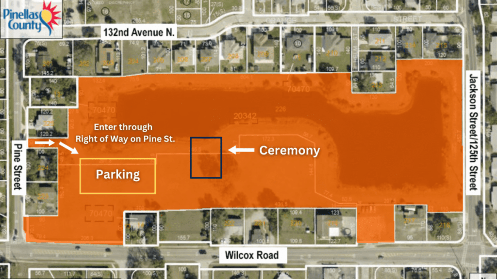 An aerial view of the park with the entrance on Pine street marked with arrows showing where parking will be located on the grass.