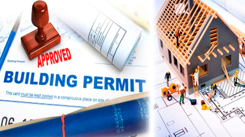 building permit stamped approved and illustration of house under construction