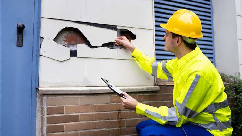 Man in hard hat and reflective yellow vest inspects the damaged outer wall of a building