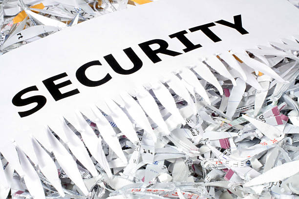 This is an image of the word security partly shredded, laying on shredded paper.