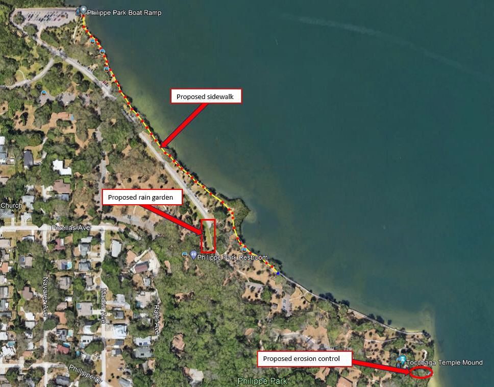 Project map featuring proposed sidewalk and rain garden features