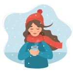 cartoon woman wearing scarf and hat during snow and holding a cup of coffee while smiling