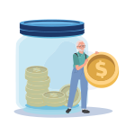 Cartoon man standing next to oversized jar of coins