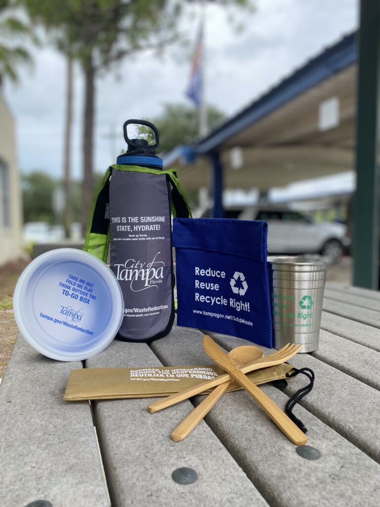 Reusable giveaway items on a table.