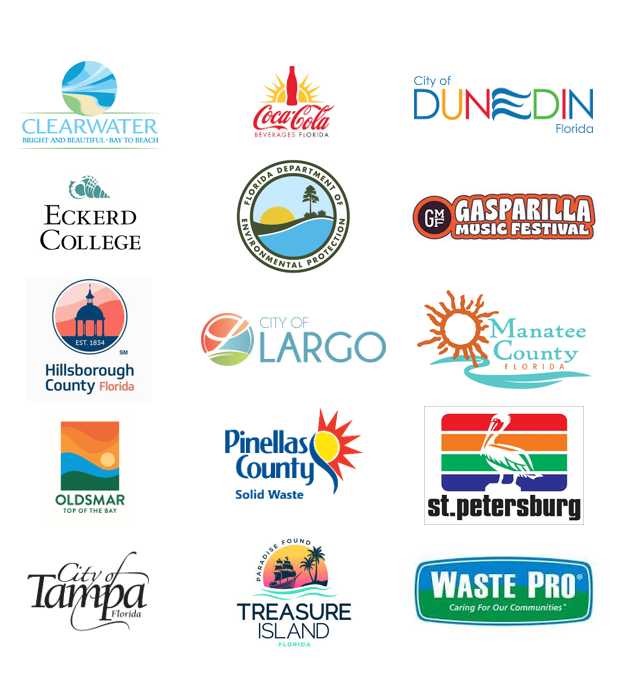 Logos for the City of Clearwater, CocaCola Beverages Florida, City of Dunedin, Eckerd College, Florida Department of Environmental Protection, Gasparilla Music Festival, Hillsborough County, City of Largo, Manatee County, City of Oldsmar, Pinellas County Solid Waste, City of St. Petersburg, City of Tampa, City of Treasure Island, Waste Pro