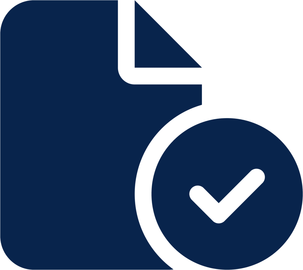 navy blue icon with a piece of paper and a checkmark