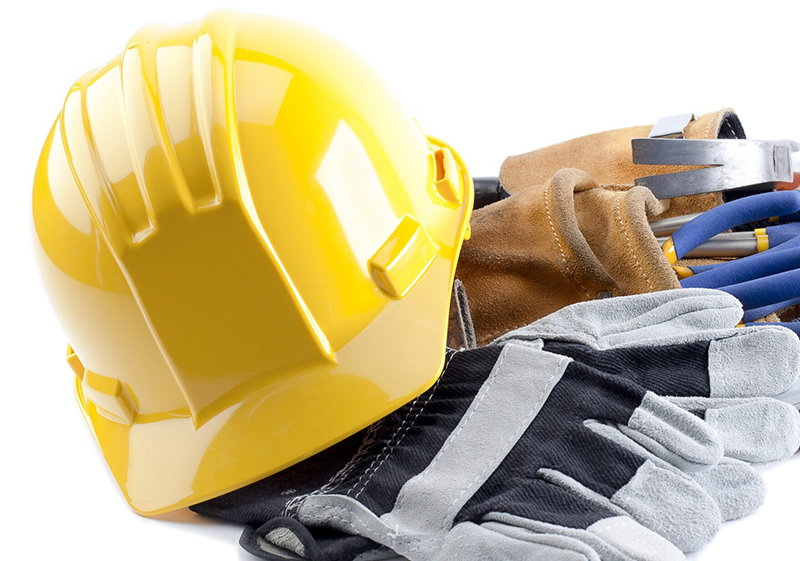 yellow hard hat and work gloves