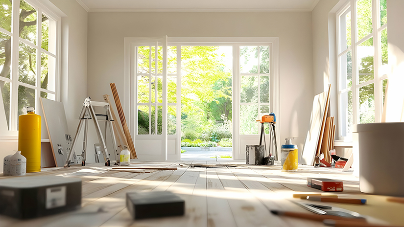 Interior of a modern home under renovation showing materials and tools