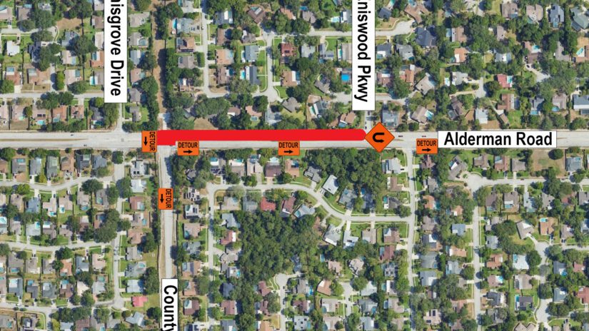 A traffic map depicting the intersection of Alderman Road and County Road 1 (Omaha Street), along with the westbound lane of Alderman Road between Enisgrove Drive and Eniswood Parkway, will be closed for approximately one month while Pinellas County Utilities completes a sewer line repair. Eastbound traffic on Alderman Road will turn right at County Road 1 and either detour to Nebraska Avenue or make a U-turn and return to Alderman Road. Northbound traffic on County Road 1 will only be able to turn right on Alderman Road.