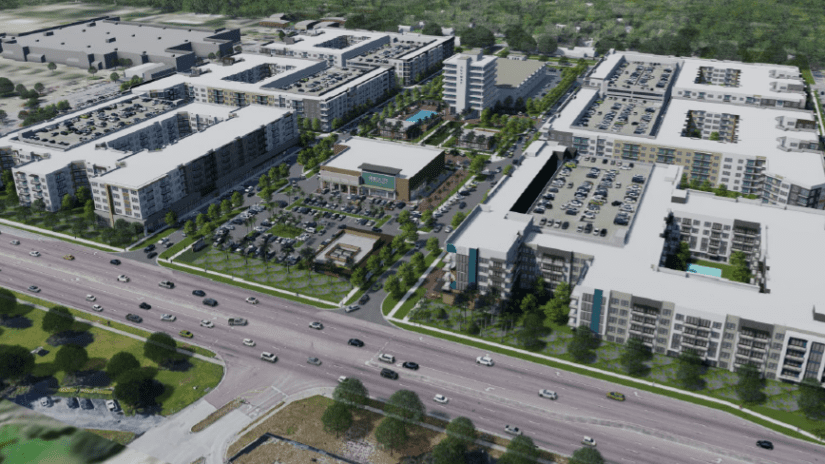 Aerial rendering of Sky Town Apartments development.