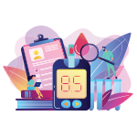 Diabetes related graphics including doctor and blood glucose meter reading 85