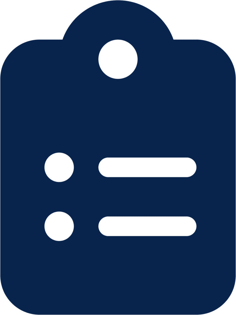 navy blue clipboard icon with bulleted list